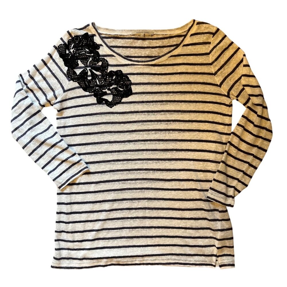 $235 Gerard Darel M 2 100% Linen Knit Sweater Gray Blue Striped Nautical Breton